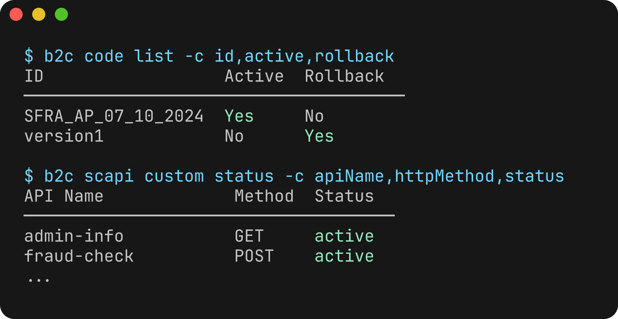 B2C CLI listing code versions and checking the registration status of Custom APIs.