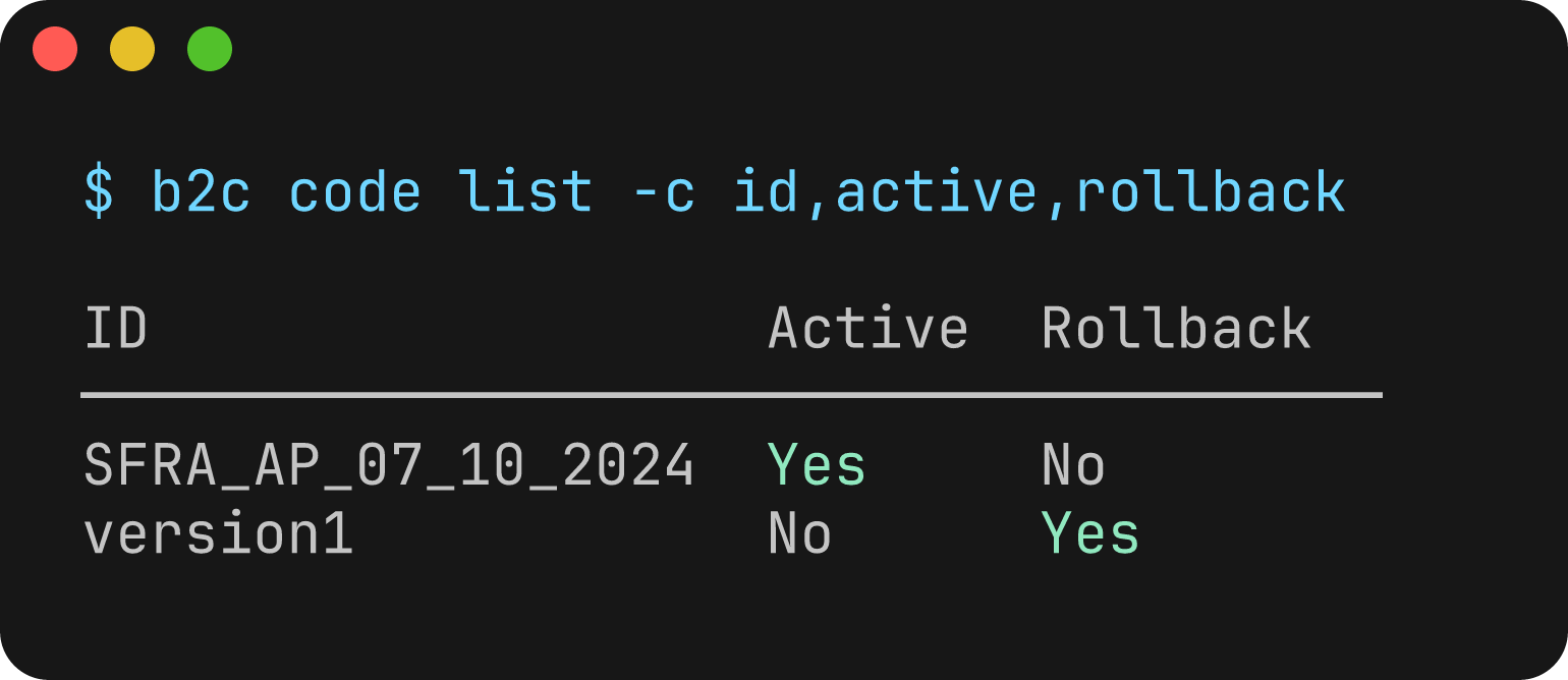 B2C CLI listing code versions, with the active and rollback versions identified.