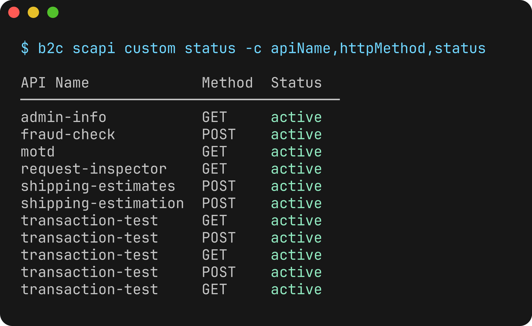 B2C CLI showing Custom API names, HTTP methods, and registration status.