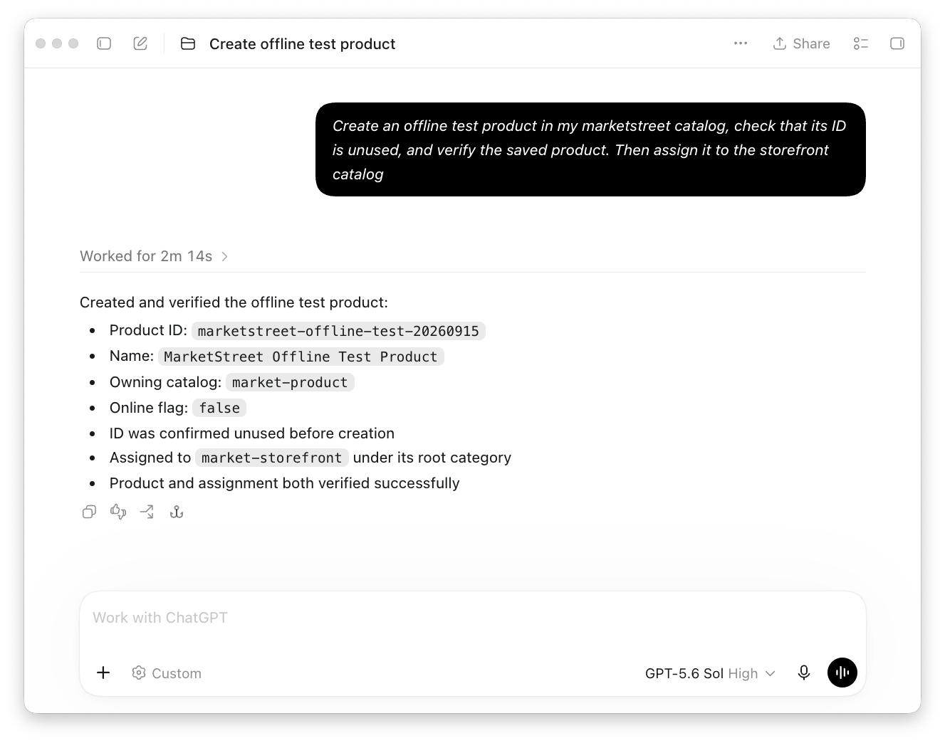 ChatGPT creating an offline test product after checking its ID is unused, then verifying the saved product and its storefront catalog category assignment.