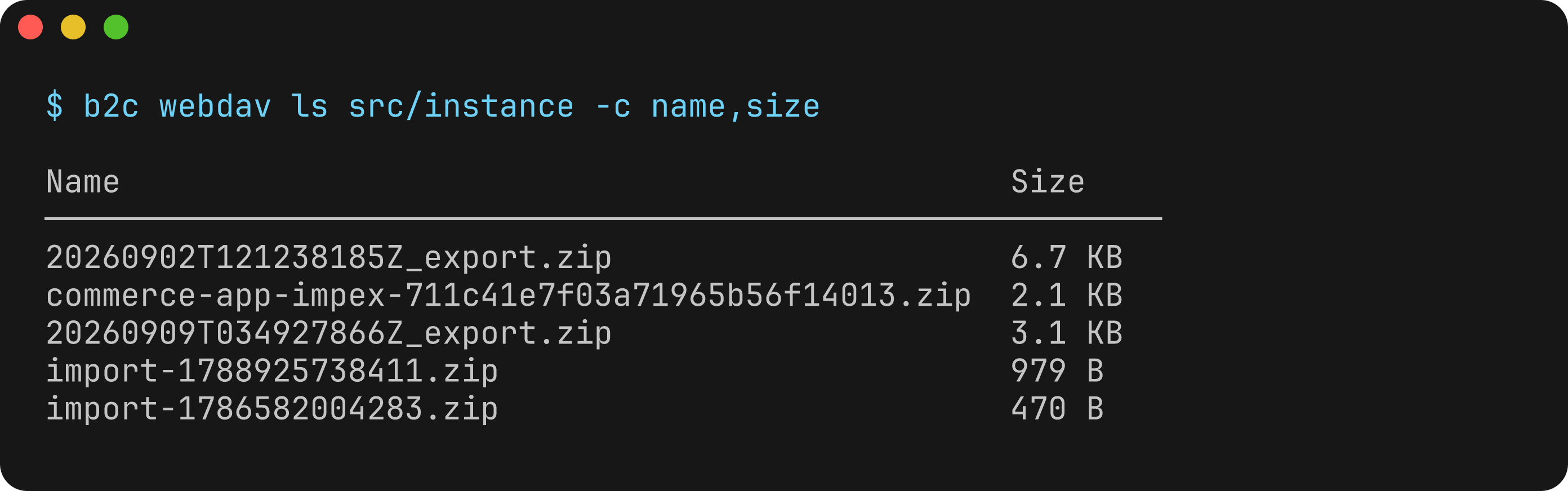 B2C CLI listing import and export archives in WebDAV with their file sizes.