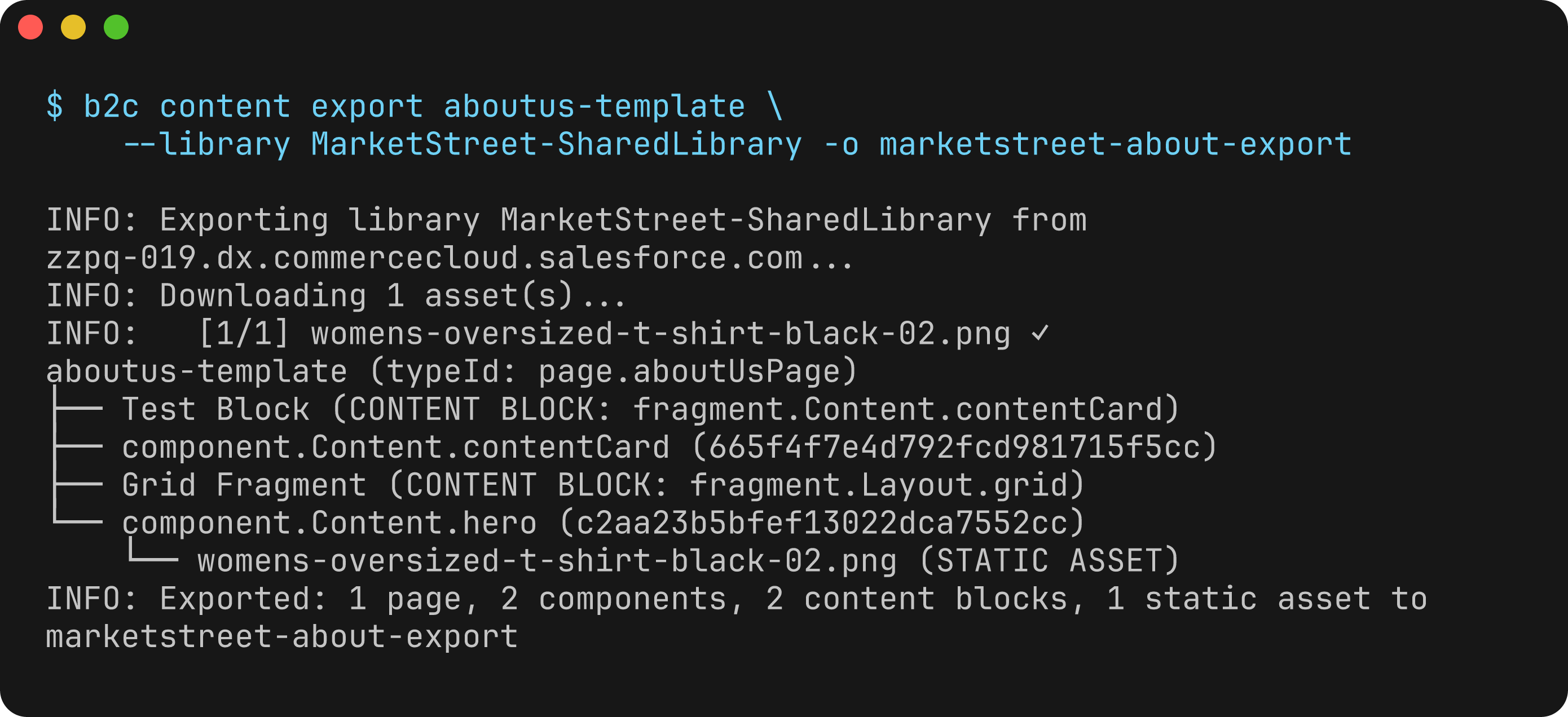 B2C CLI exporting MarketStreet's About Us template from an instance: one page, two components, two content blocks, and one downloaded image.